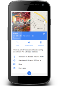Example of a local business knowledge panel in Google search containing information including location, hours of operation, menu, ratings, and images of the establishment.