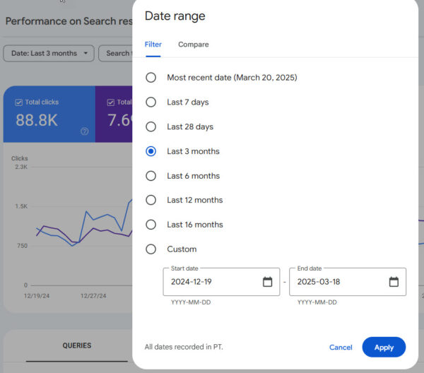 The Date ranger filter allows you to select preset or custom time periods to apply to your graph.
