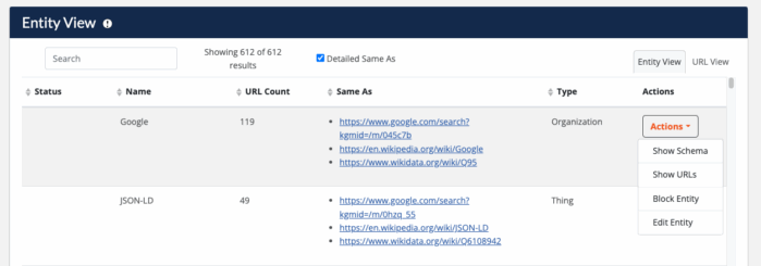 Entity View Actions Menu